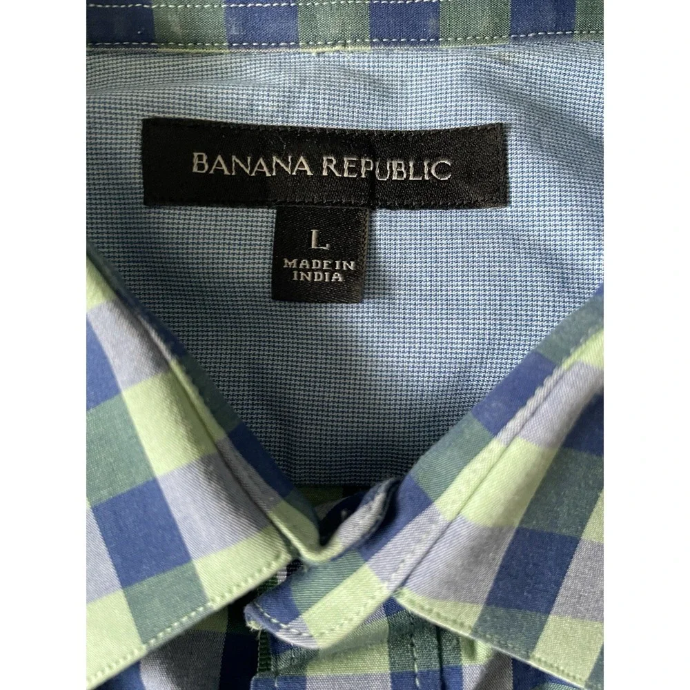 Banana Republic Short Sleeve Button Up Shirt Blue Green Plaid Pocket Large JBHS